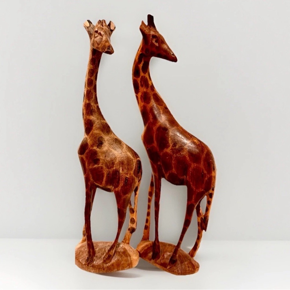 Hand Carved Kenya Wooden Giraffe Statues Pair Vintage African Safari Decor 12in